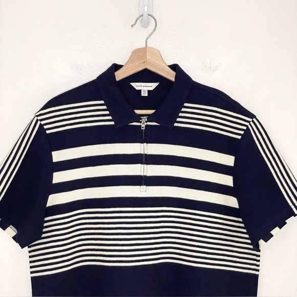 Club Monaco Block Stripe Zip Polo Short Sleeve Cotton Knit Shirt Navy Medium - Picture 7 of 14